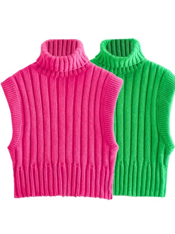 Bright Turtleneck Curling Thick Thread Knitted Sunken Stripe Vest in Sweaters