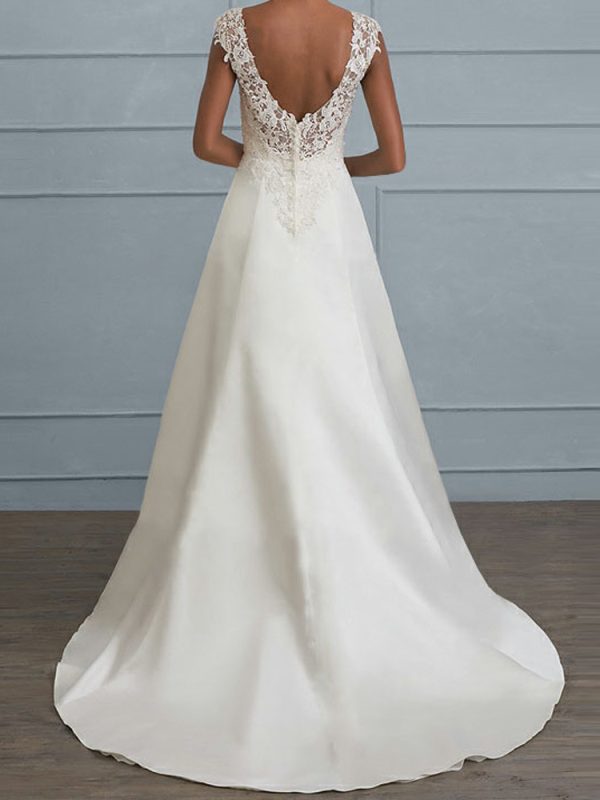 Solid Color Lace Splicing Sling Hollow Out Cutout Backless Wedding Dress in Wedding dresses
