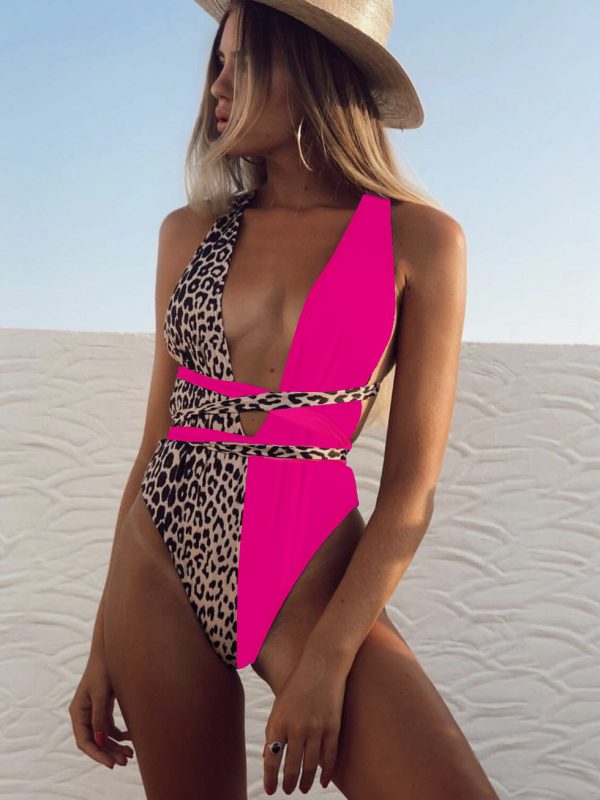 Leopard Print Hollow Out Cutout out Strap One Piece Swimsuit in Swimsuits