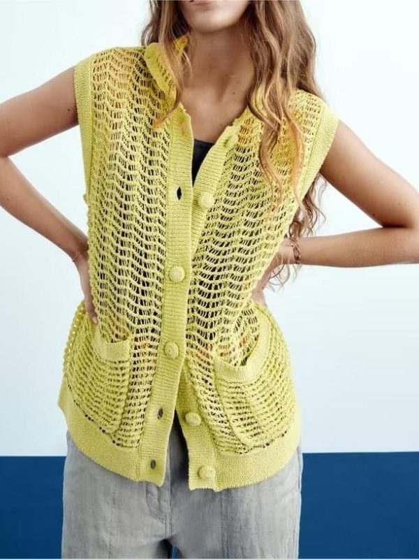 Summer Lapels Pocket Texture Loose Knitted Cardigan Vest in Sweaters