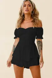 Solid Color Fashion Sexy off Neck Lantern Ruffle Sleeve Short Romper in Jumpsuits & Rompers