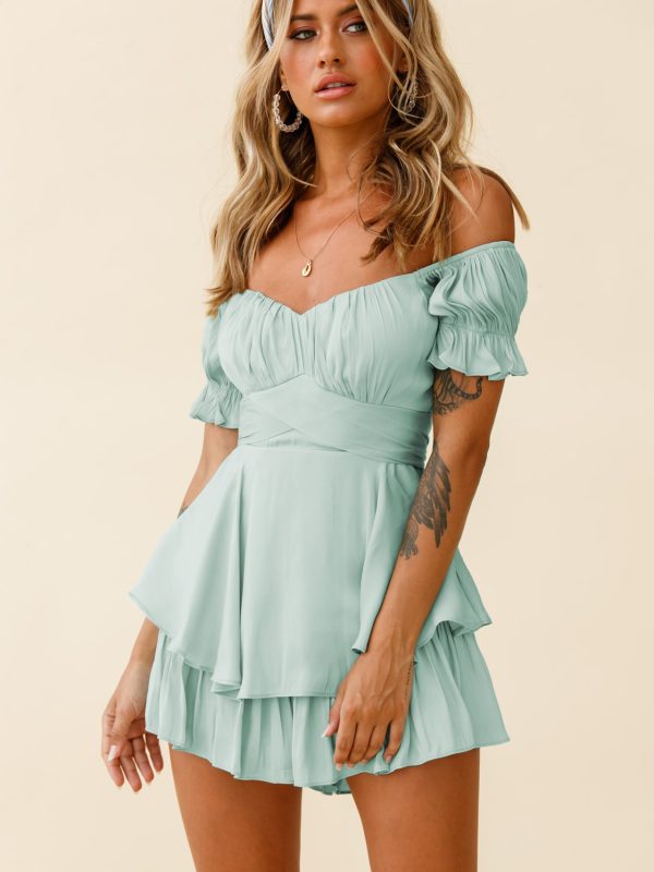 Solid Color Fashion Sexy off Neck Lantern Ruffle Sleeve Short Romper in Jumpsuits & Rompers