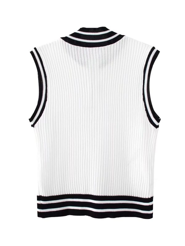 Sexy Half Zipper Color Matching Knitted Short Vest in Sweaters