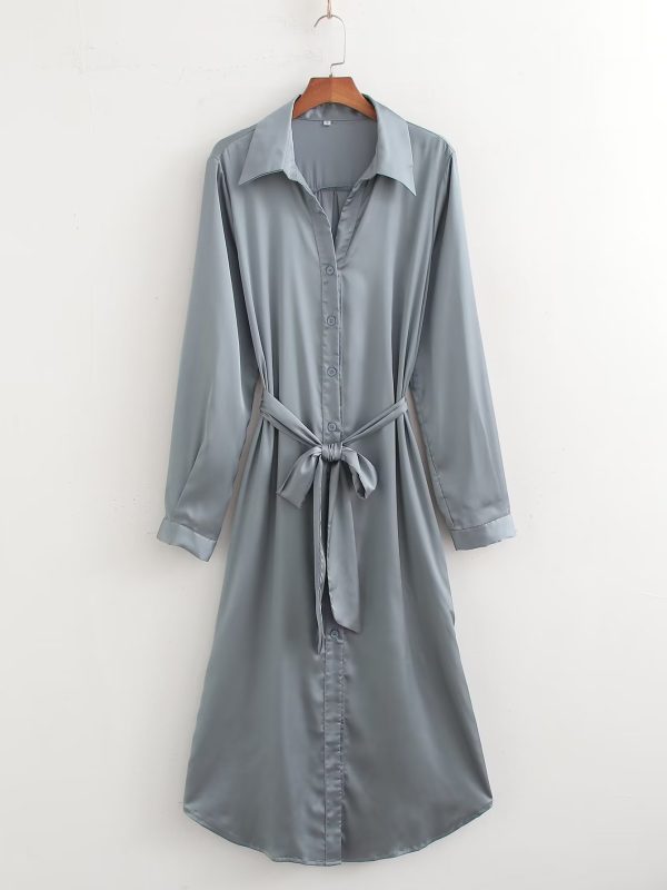 French Solid Color Polo Collar Loose Casual Shirt Long Sleeve Dress in Dresses