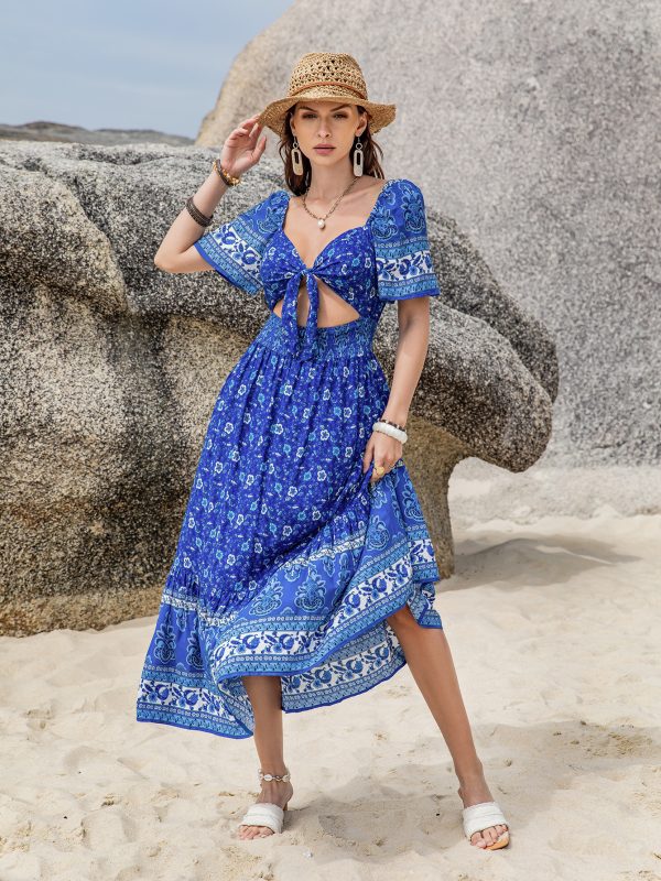 Bohemian Blue Laced Cropped Outfit Short Sleeve Dress in Dresses