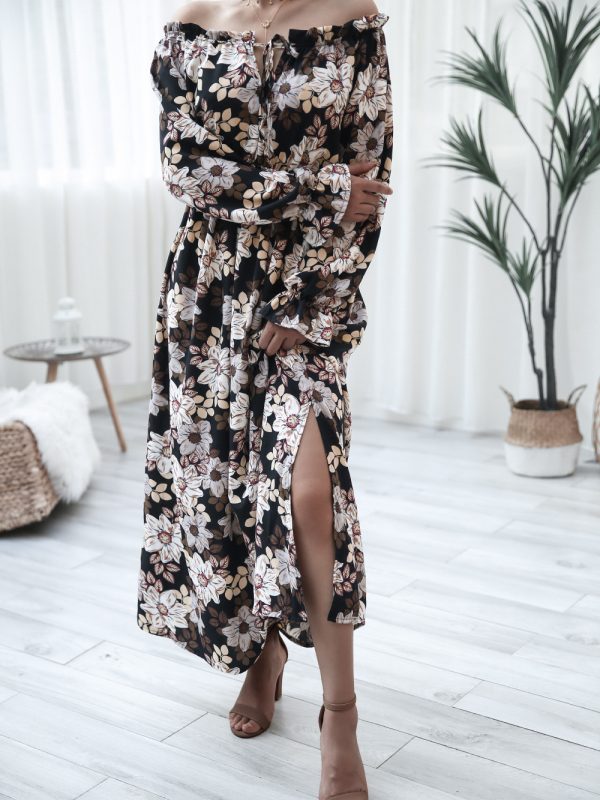 Floral Bell Sleeve Wooden Ear Strapless Vacation Dress in Dresses
