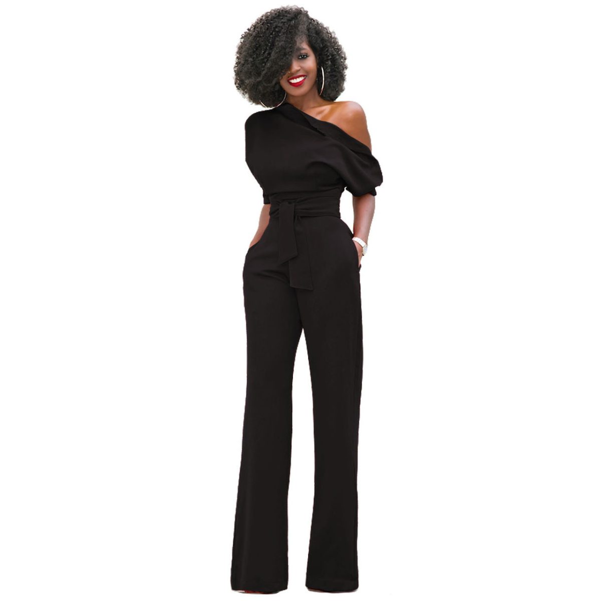Classic Solid Color Diagonal Collar Button One Piece Wide Leg Jumpsuit in Jumpsuits & Rompers