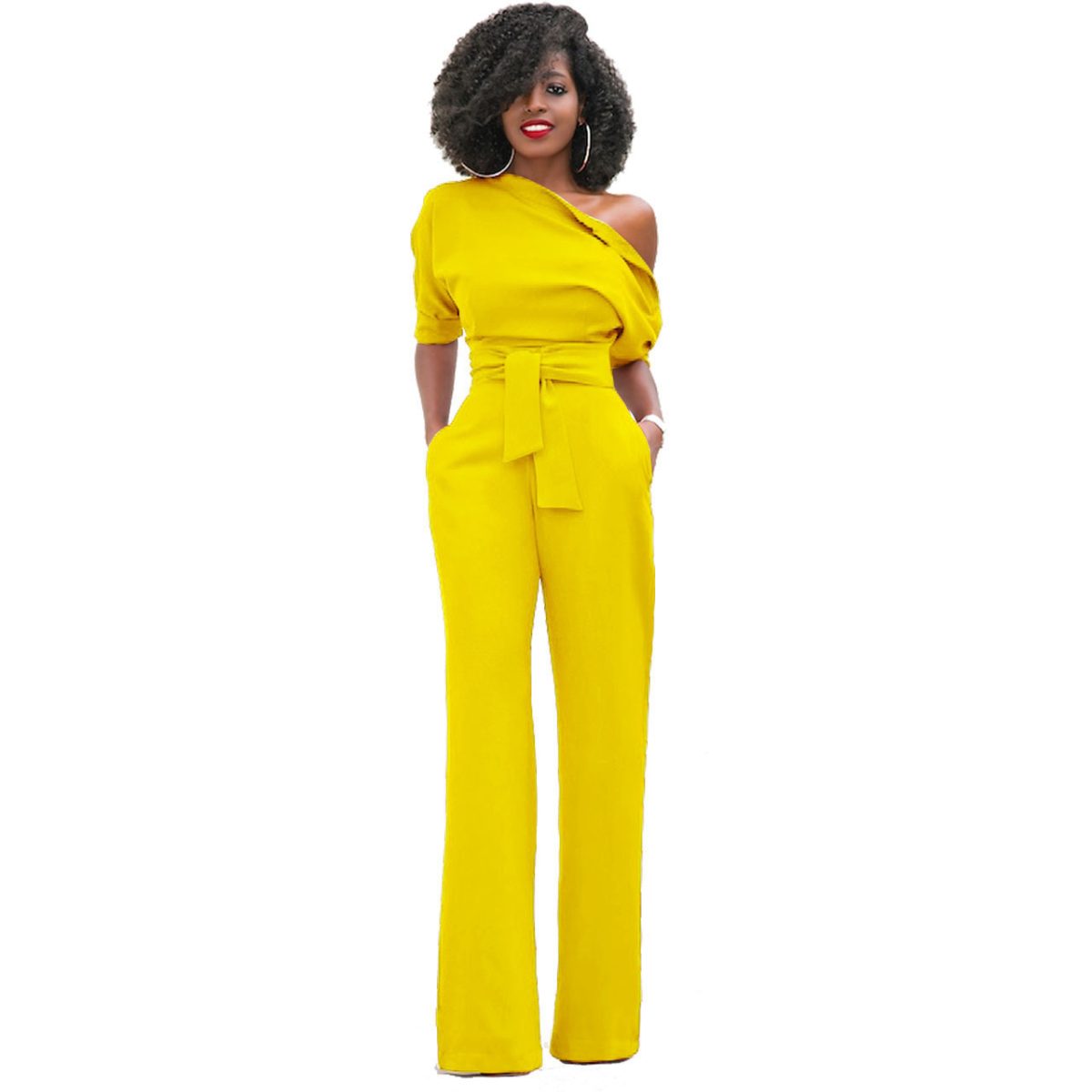 Classic Solid Color Diagonal Collar Button One Piece Wide Leg Jumpsuit in Jumpsuits & Rompers