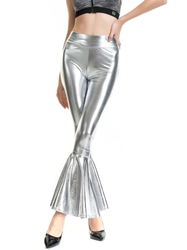 Metallic Coated Fabric High Waist Fashion Elastic Waist Gradient Color Bell Bottom Pants in Pants