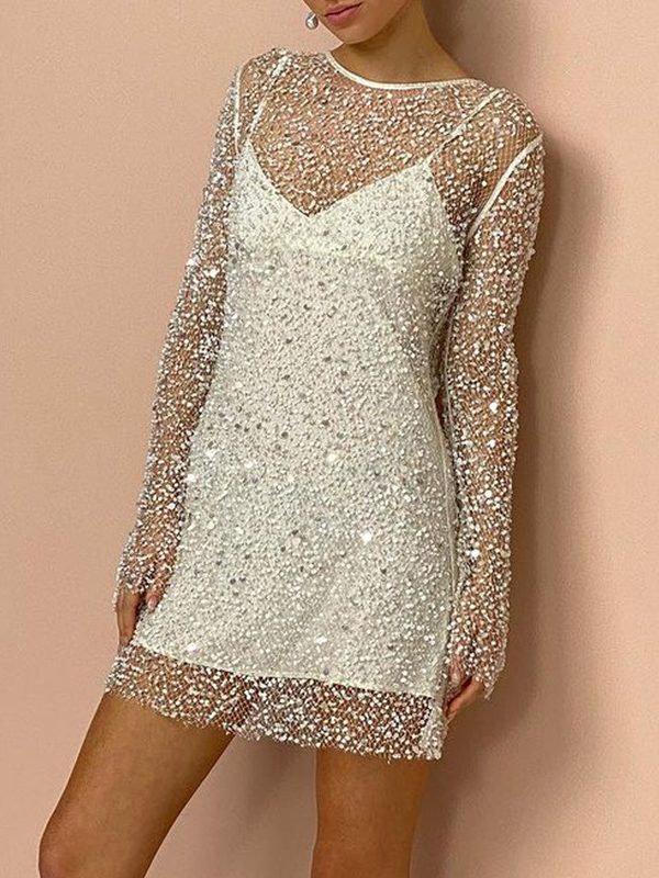 Bubble Beads See Through Mesh Two Piece Set Sling Dress in Dresses