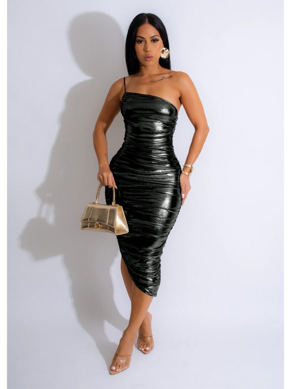 Metallic Coated Fabric Solid Color Sexy Sling Diagonal Collar Pleating Dress in Evening Dresses