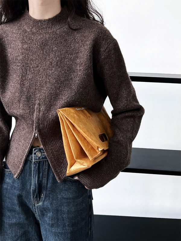 Autumn Short Zipper Western High Sense Special-Interest Design round Neck Sweater in Sweaters