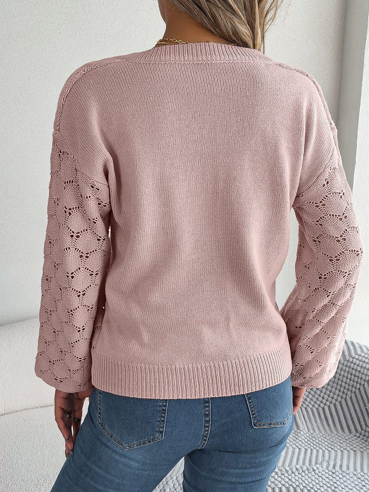 Casual V neck Buttons Hollow Out Cutout out Lantern Sleeve Pullover Sweater in Sweaters