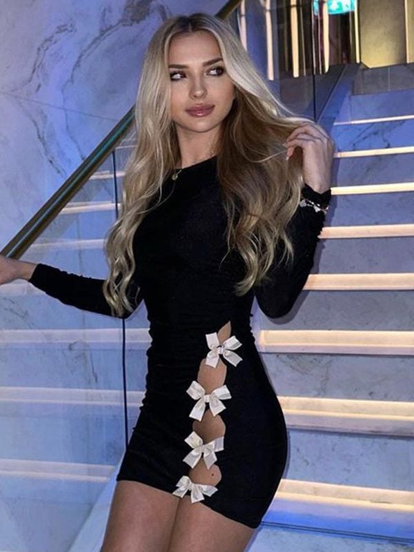 Long Sleeve Slim Fit Bow Hollow Out Cutout Dress in Dresses