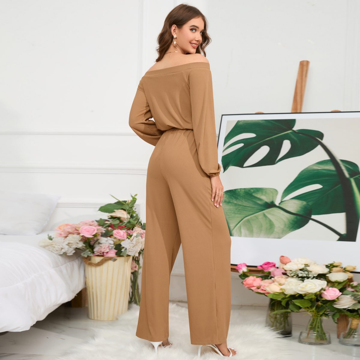 Casual Off Shoulder Long Sleeve Waist Slimming Jumpsuit in Jumpsuits & Rompers