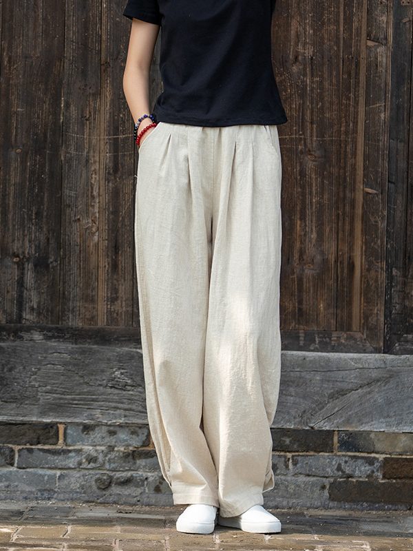 Artistic Stone Washed Loose Cotton Linen Slimming Trousers in Pants