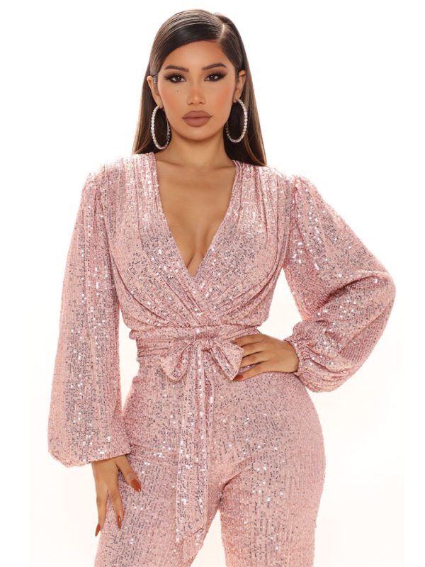 Sexy V-neck Sequined One-Piece Wide Leg One-Piece Trousers in Jumpsuits & Rompers