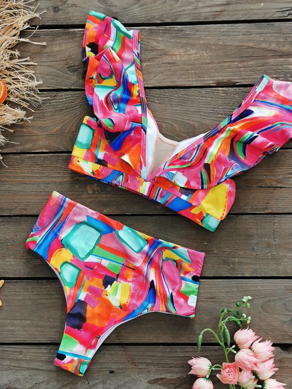 Two Piece High Waist Color Mesh Ruffled Deep V Plunge Bikini in Swimsuits