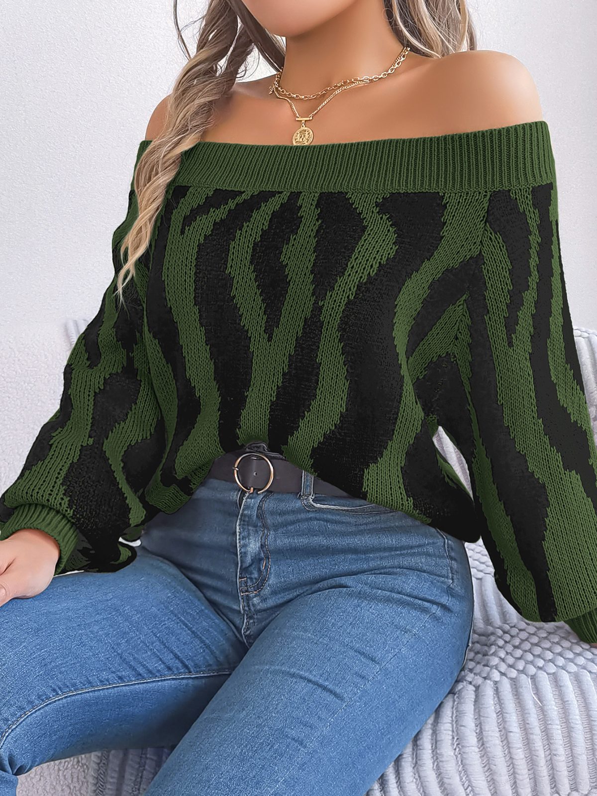 Contrast Color off Neck off the Shoulder Lantern Sleeve Sweater in Sweaters