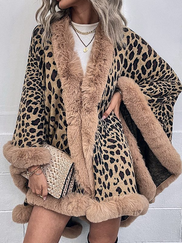 Fur Collar Cape Cardigan Leopard Print Shawl Sweater in Sweaters