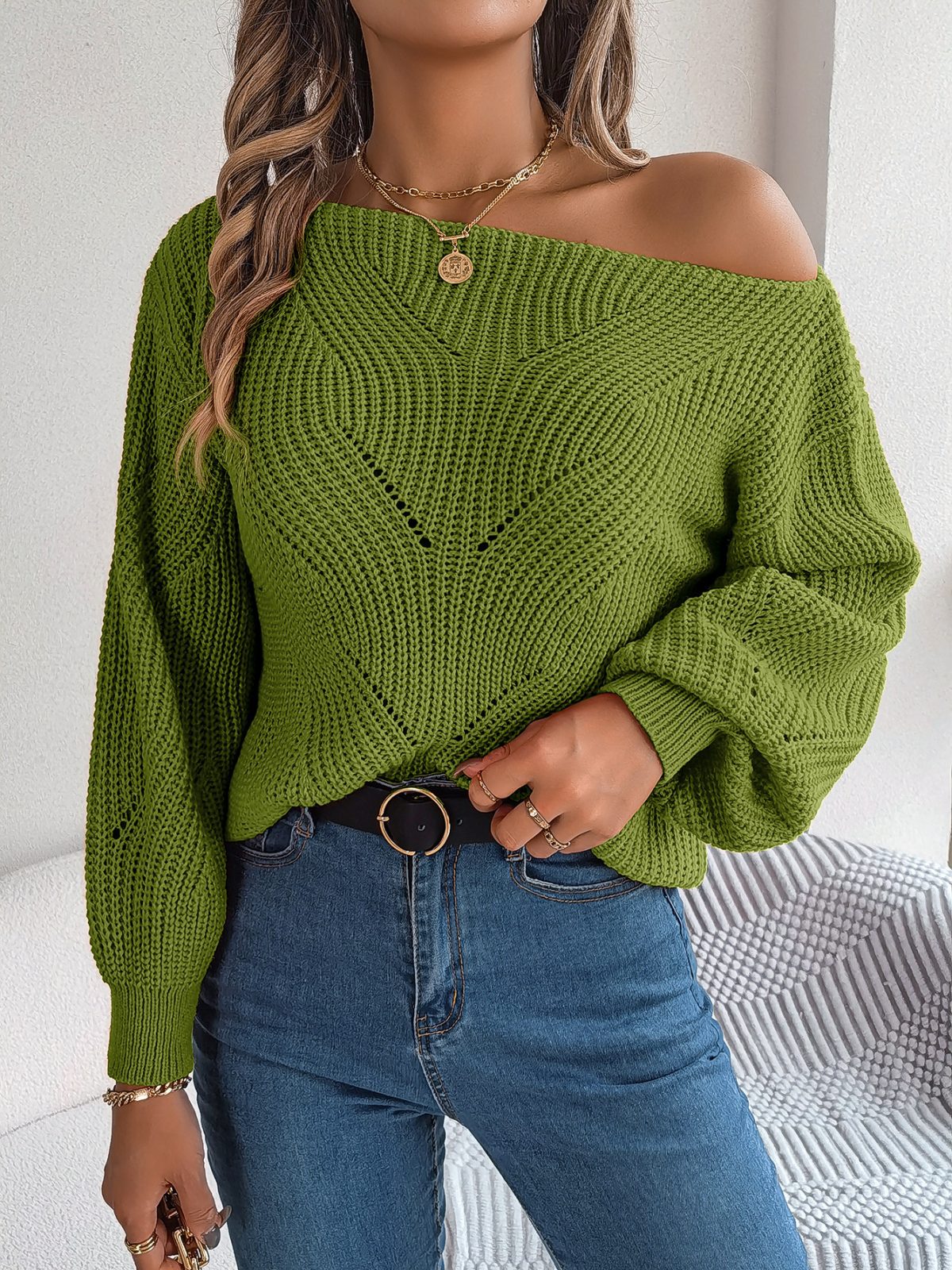 Hollow Out Cutout out off Neck off the Shoulder Lantern Sleeve Sweater in Sweaters