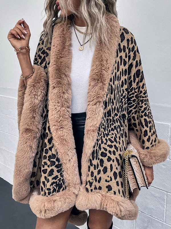 Fur Collar Cape Cardigan Leopard Print Shawl Sweater in Sweaters