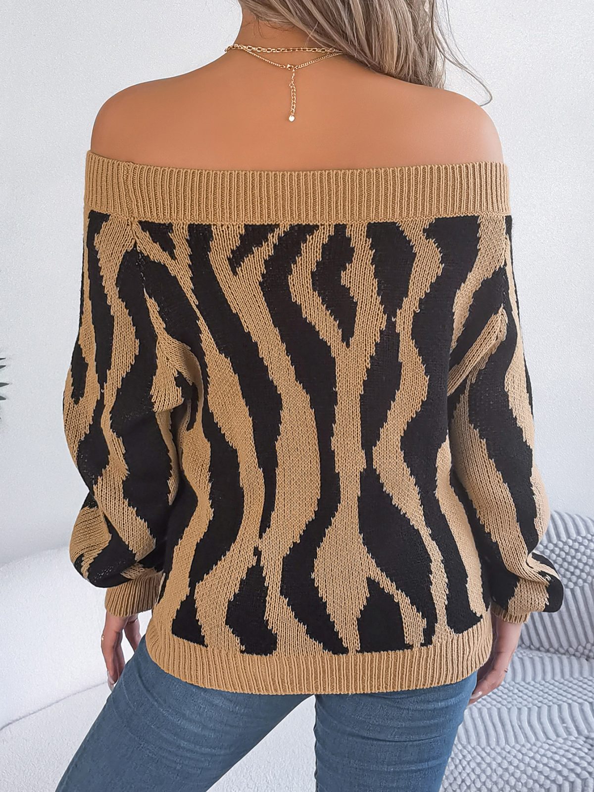 Contrast Color off Neck off the Shoulder Lantern Sleeve Sweater in Sweaters