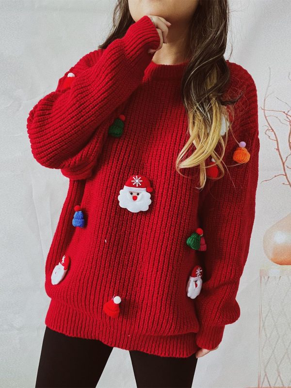 Sweater Cute Santa Claus Three Dimensional Decoration round Neck Long Sleeve Knitted Pullover in Sweaters