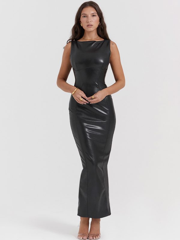 Faux Leather Skinny Sheath Long Black Sleeveless Vest Split Dress in Dresses