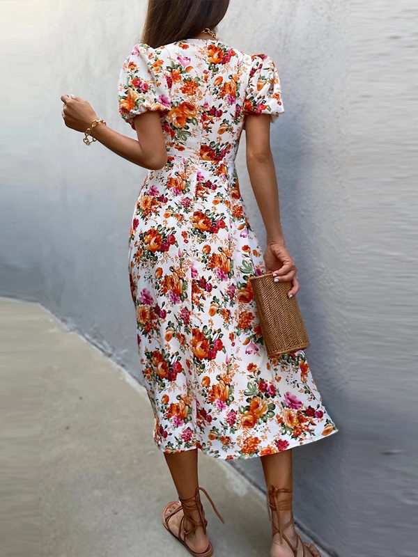 Office Floral Square Collar Sexy Slit Dress in Dresses