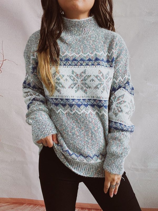 Thickened Snowflake Pattern Half High Collar Long Sleeves Knitted Sweater in Sweaters