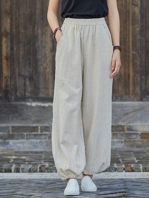 Cotton Linen Retro Stone Washed Ramie Bamboo Section Casual Trousers in Pants