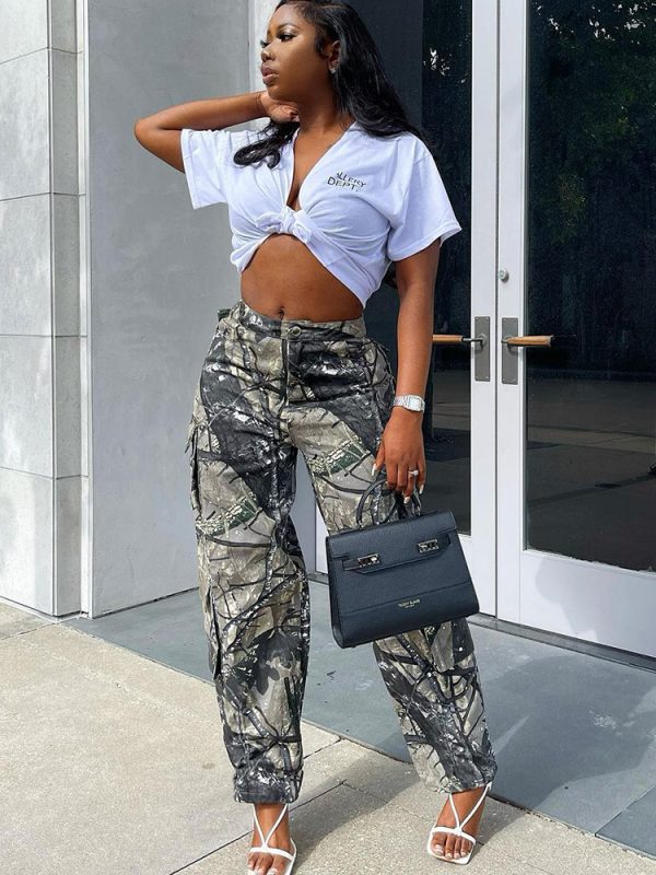 Camouflage Sexy Loose Casual Zipper Pocket Trousers in Pants