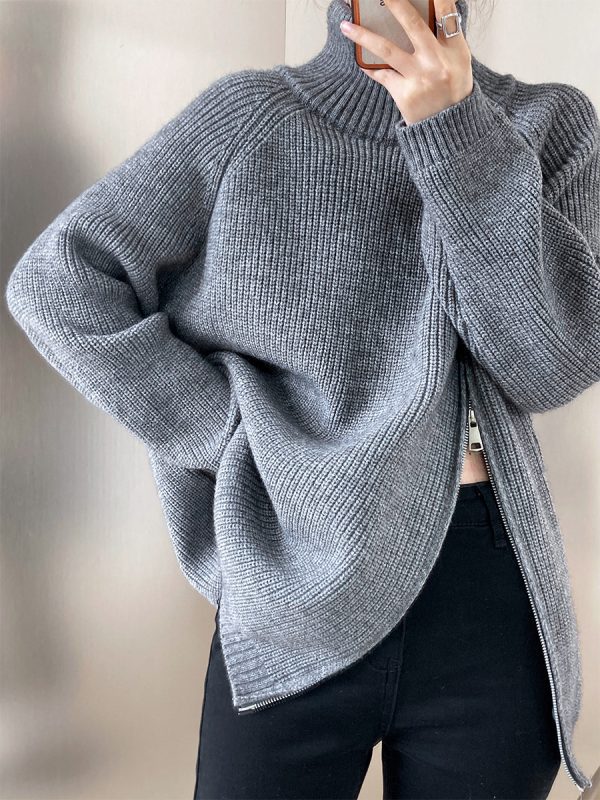 Design Double Headed Oblique Zipper Turtleneck Sweaters in Sweaters