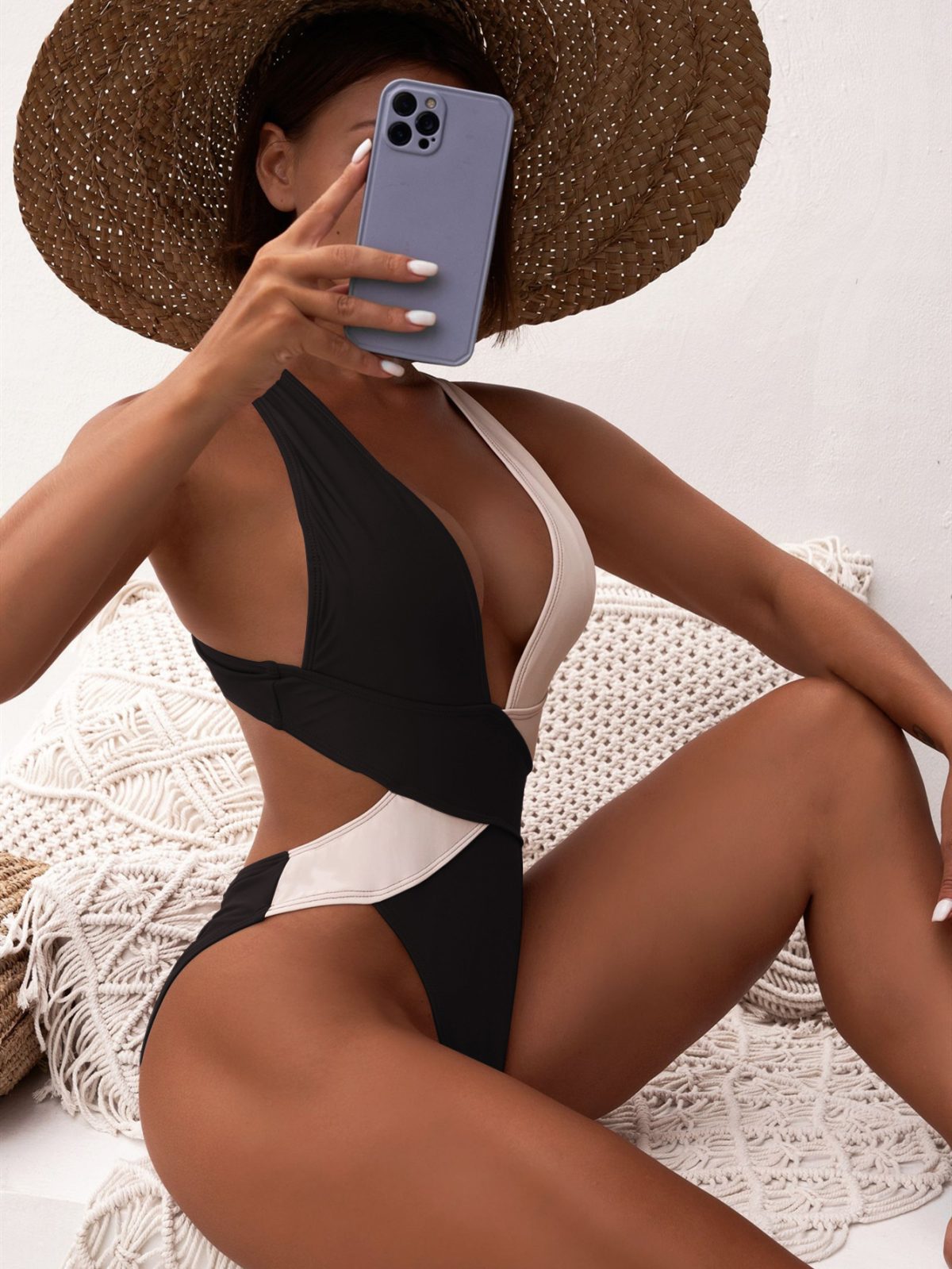 Stitching Criss Cross Color Matching Swimsuit in Swimsuits