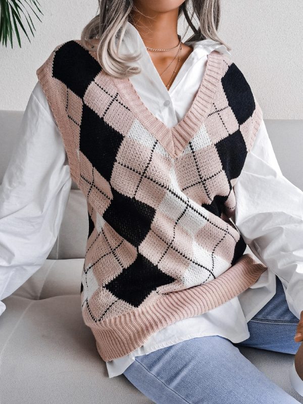 College Rhombus V-neck Casual Loose Knit Vest Sweater in Sweaters