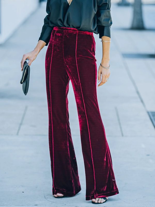 Gold Velvet Bootcut High Waist Casual Trousers in Pants