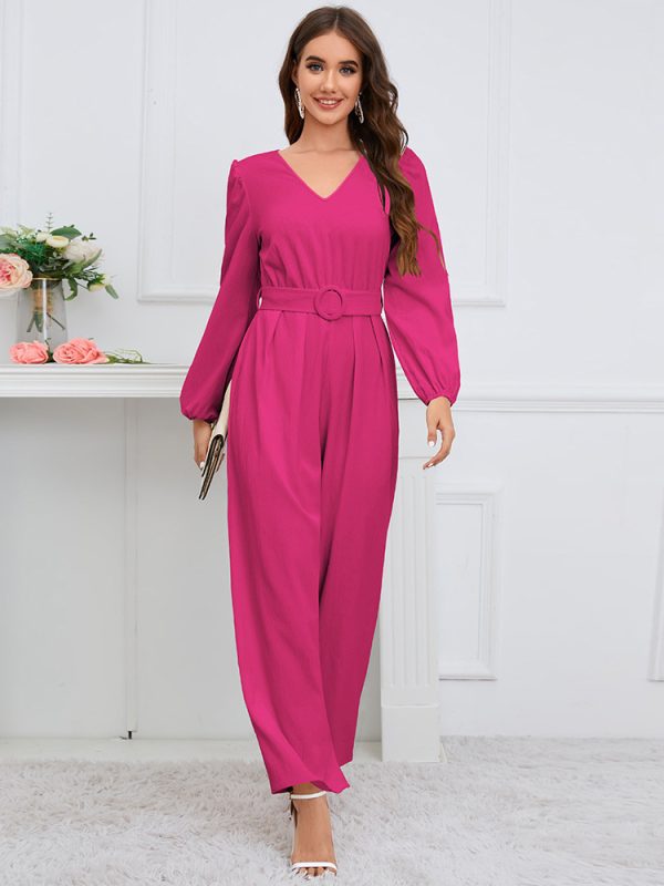 Casual Solid Color V Neck Long Sleeve Slim Straight Leg Trousers Jumpsuit with Belt in Jumpsuits & Rompers