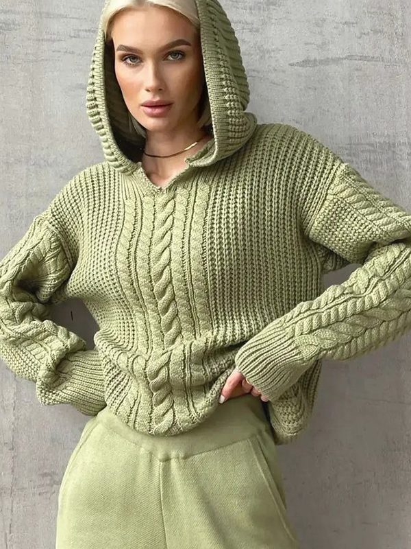 Street Shooting Hooded Long Sleeve Knitted Sweater in Sweaters