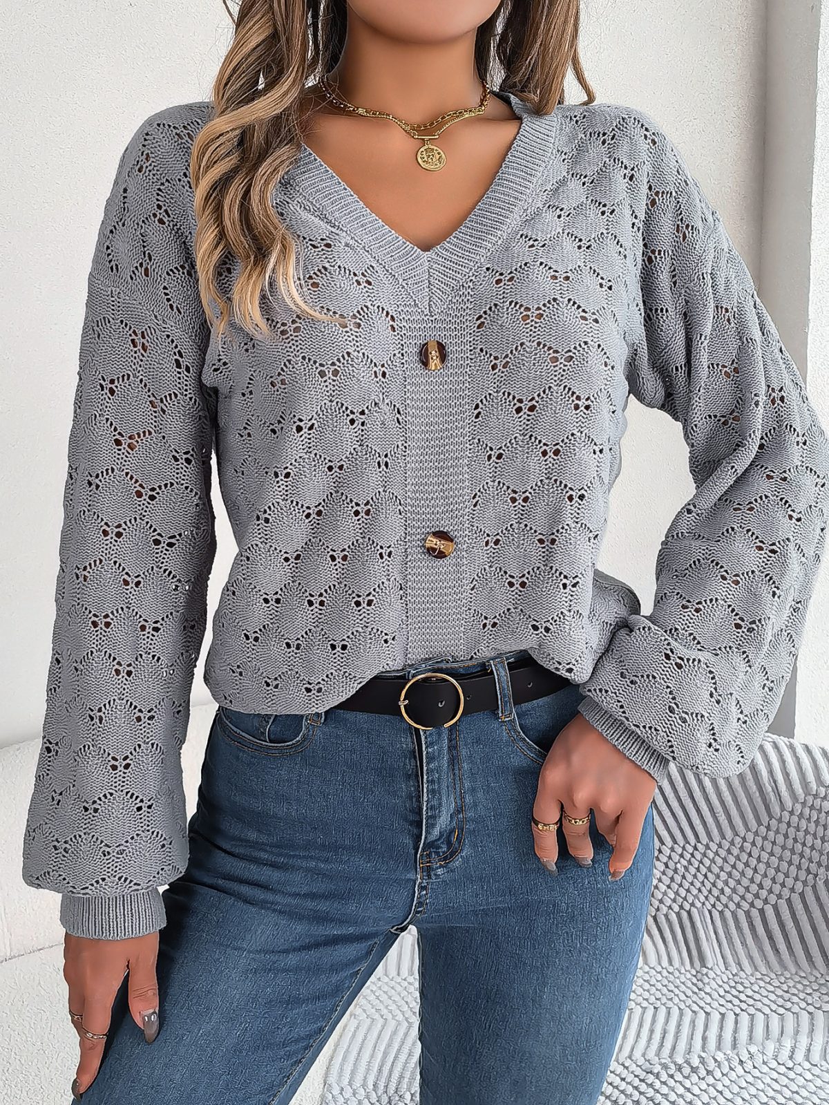 Casual V neck Buttons Hollow Out Cutout out Lantern Sleeve Pullover Sweater in Sweaters