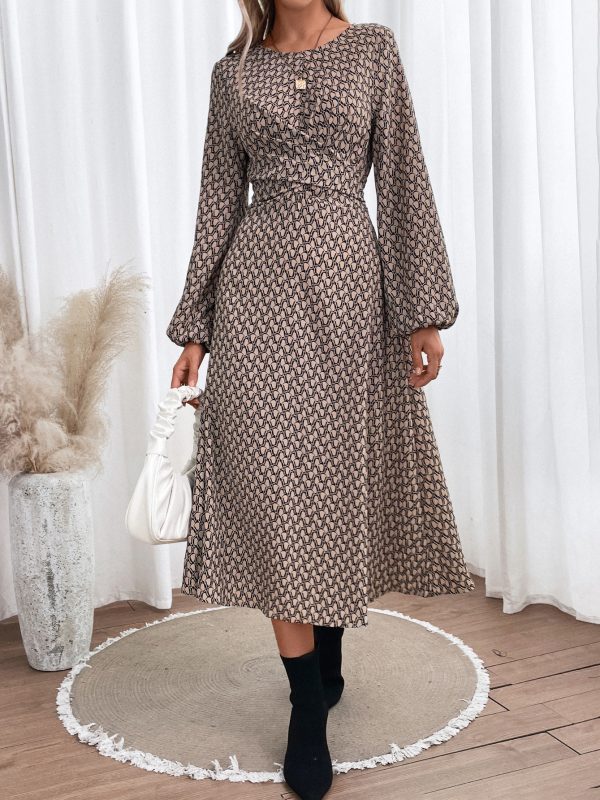 Printed Long Sleeve Waist Tight Dress in Dresses