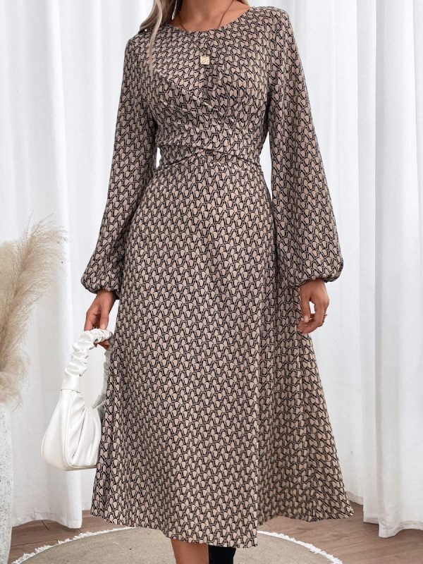 Printed Long Sleeve Waist Tight Dress in Dresses