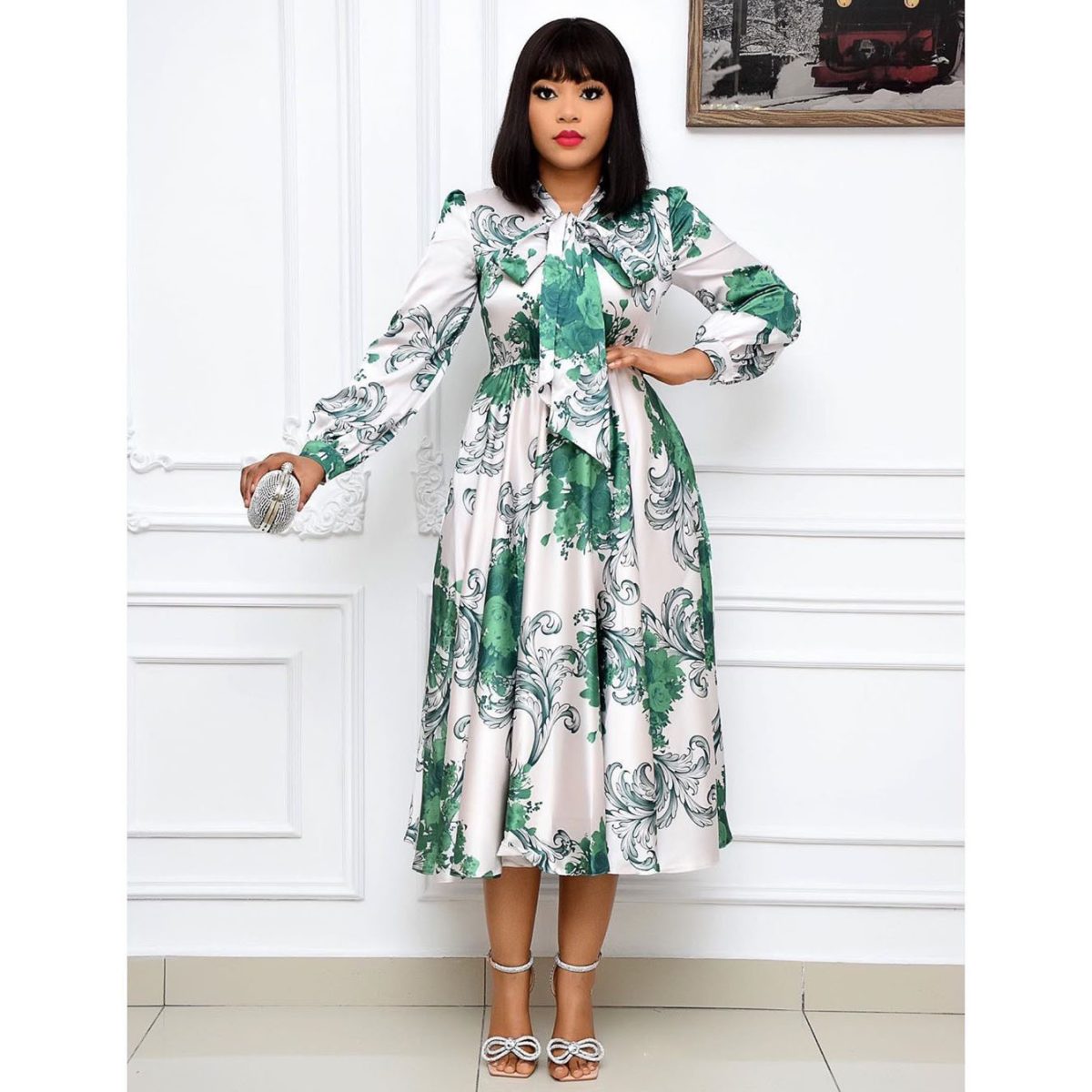 Office Long Sleeve Digital Printed Lace up High Waist Mid Length African Dress in Dresses