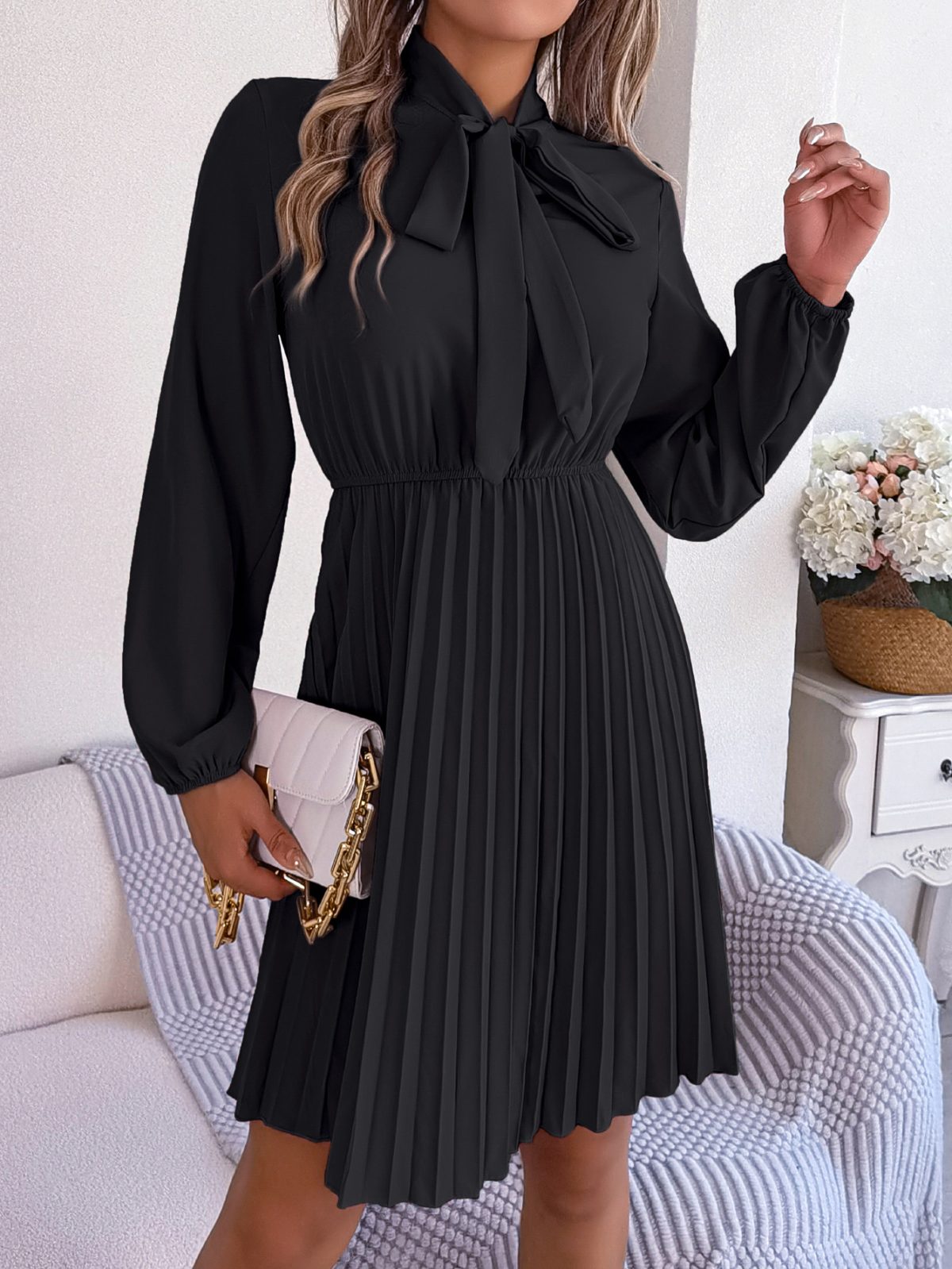 Elegant Tied Waist Controlled Long Sleeves Pleated Dress in Dresses