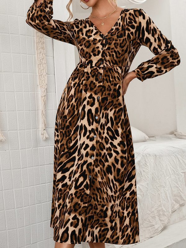Sexy Deep V Plunge neck Leopard Print Mid Length Dress in Dresses