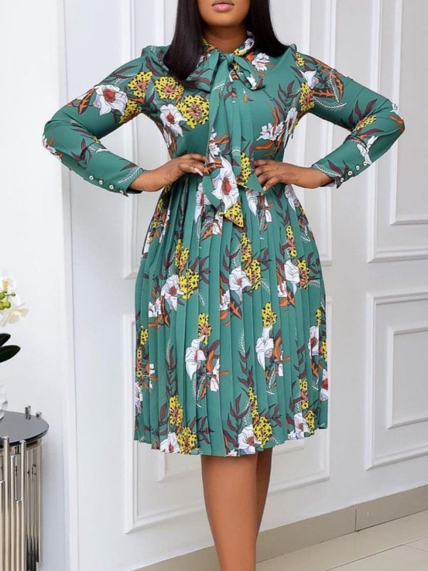 Long Sleeves Strap Printing High Waist Pleated plus Size Dress in Dresses
