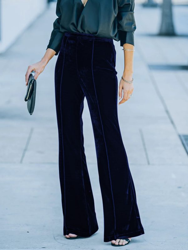 Gold Velvet Bootcut High Waist Casual Trousers in Pants