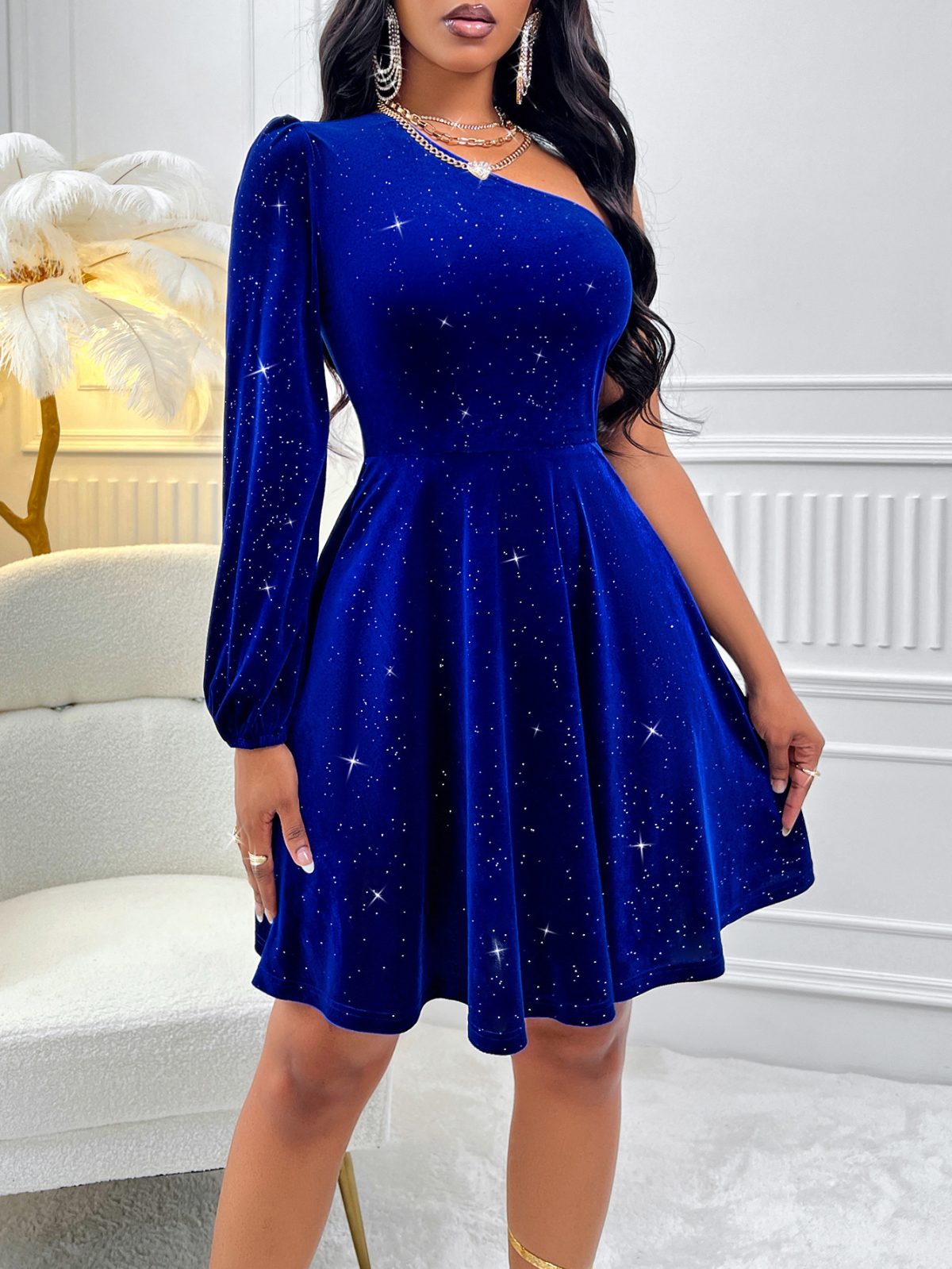Oblique Shoulder Long Sleeve Solid Color Waist Tight Sexy Dress in Dresses