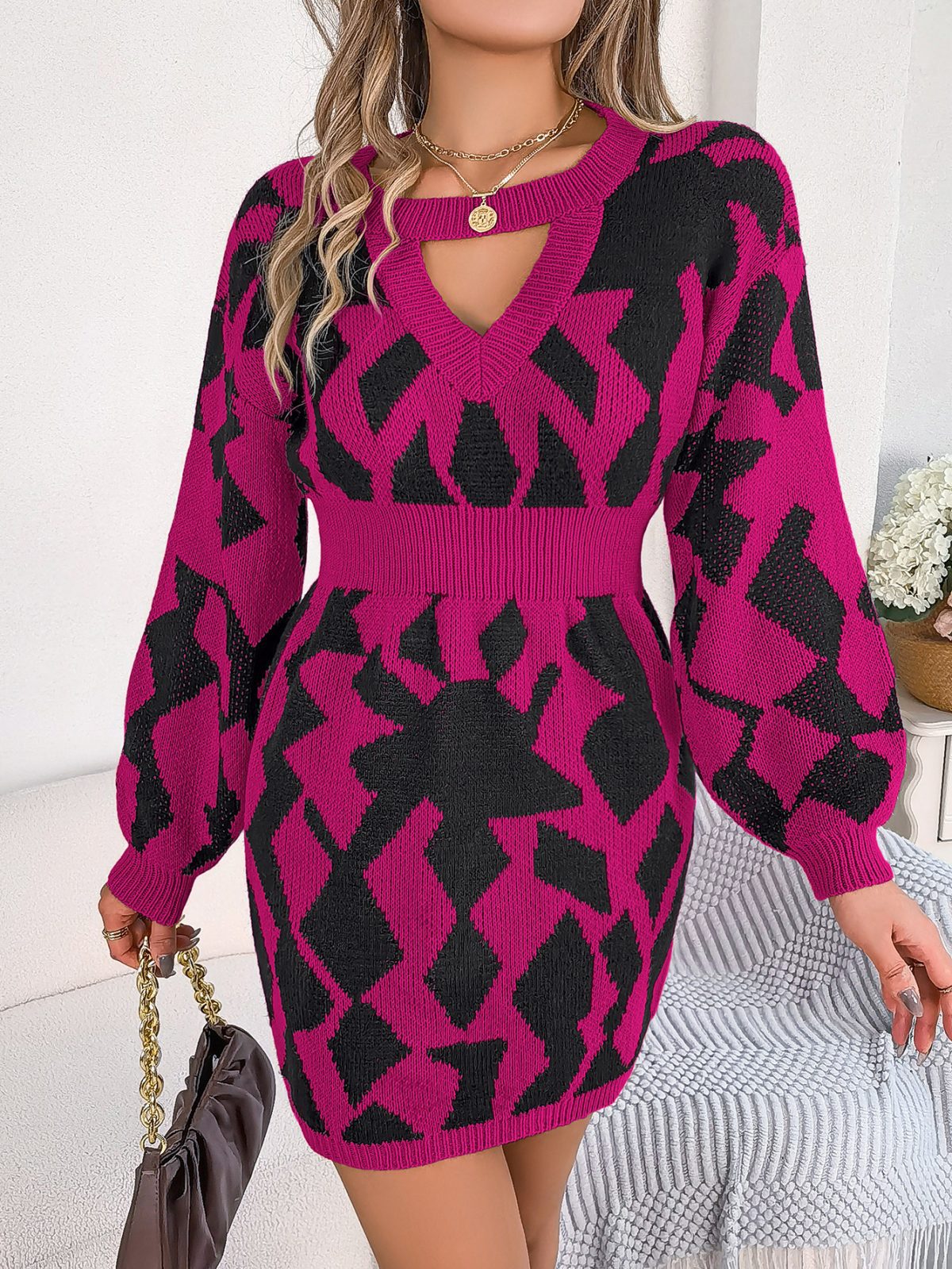 Casual Color Matching Hollow Out Cutout out Lantern Sleeve Fitted Waist Sweater Dress in Dresses