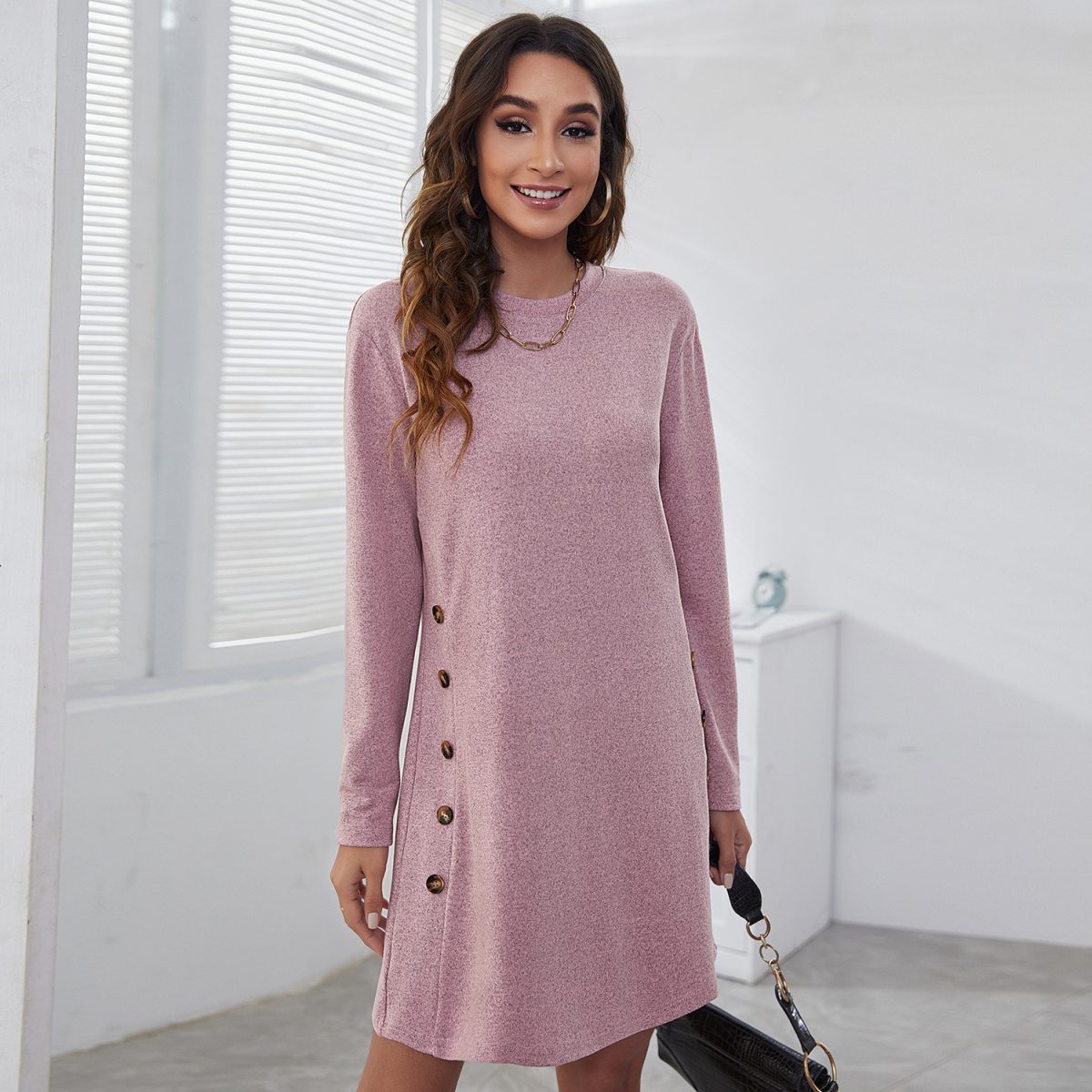 Round Neck Casual Simple Buttons Long Sleeve Dress in Dresses